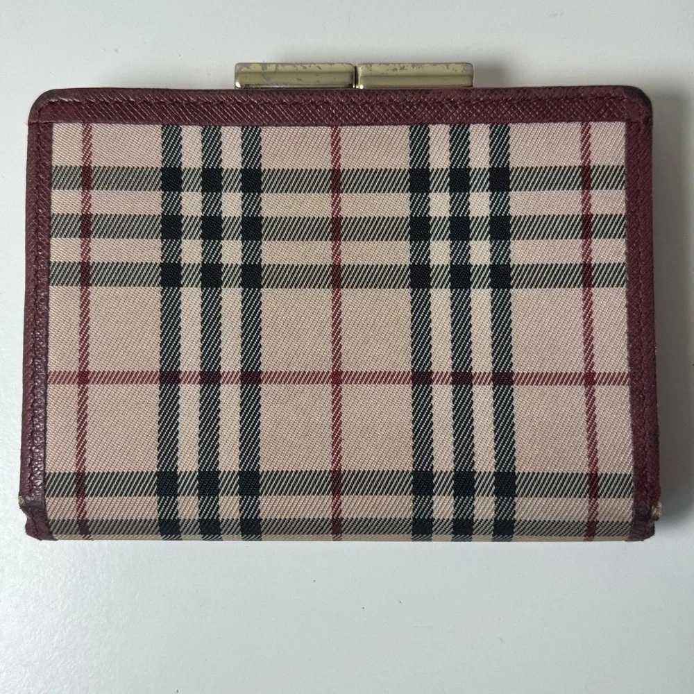 Burberry Women’s Classic Nova Check Burgundy Bi Fold Wallet With Gold Clasp